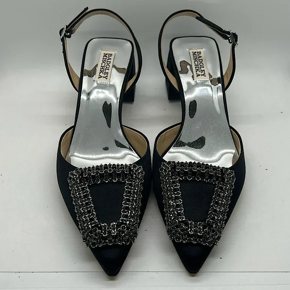Badgley Mischka NIB “Emmie” Black Satin Crystal Buckle Slingback Sandals *Sz 9* - Picture 2 of 9